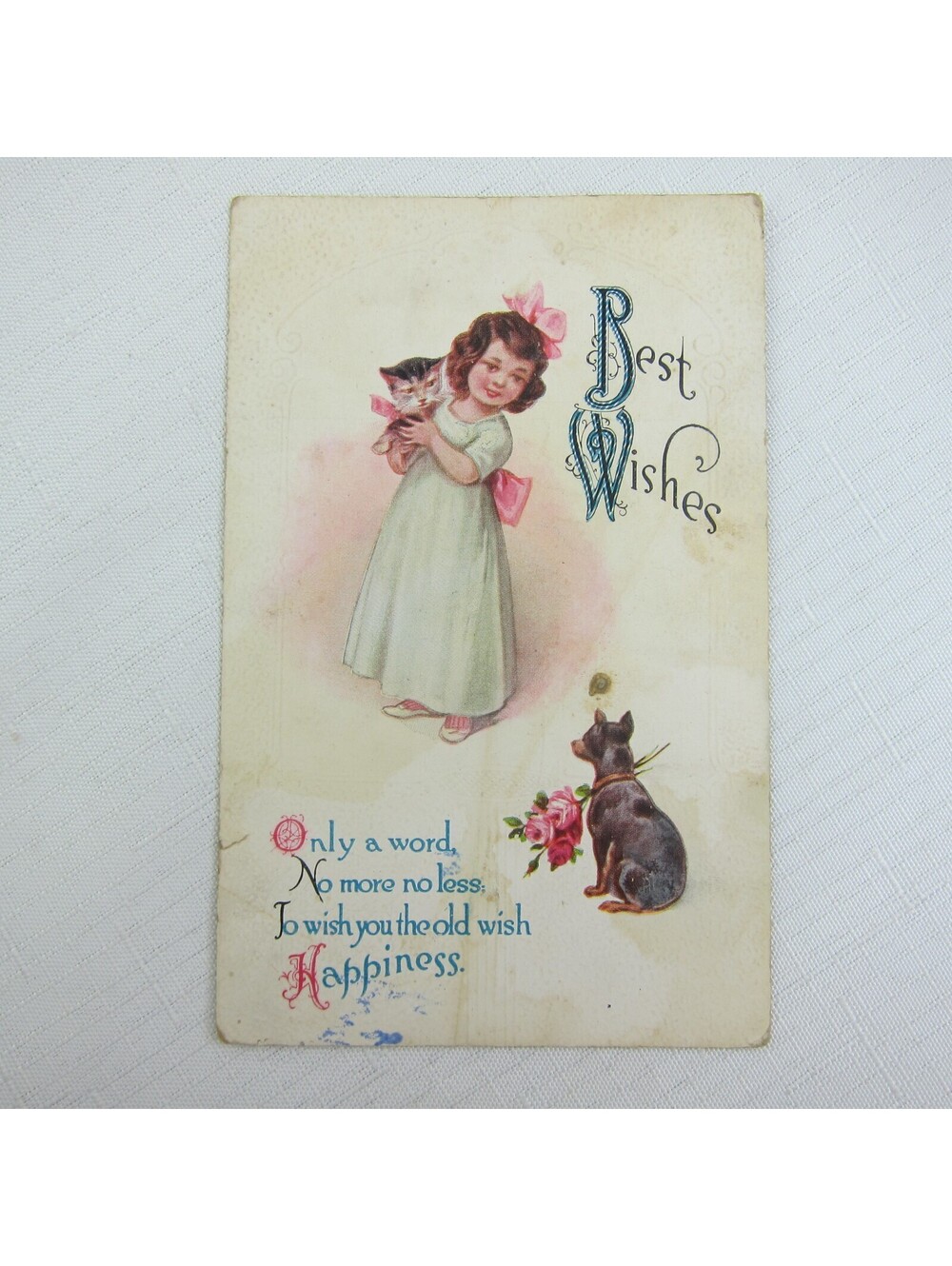 Postcard Best Wishes Little Girl Kitten & Miniature Pinscher Black Puppy Dog